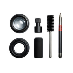 Obraz premium Isolated set of black make-up brushes and mascara tools featuring a cosmetic tube and fashion equipment for professional beauty care