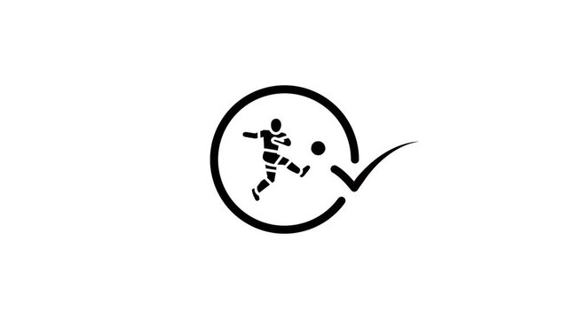 Minimalist soccer animation with player kicking ball inside circular frame ending with check mark icon