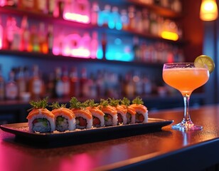 Salmon sushi rolls and orange cocktail on bar counter. Blurred bottles on shelves in bar background. Nightclub ambiance with neon lights. Perfect for happy hour or dinner.