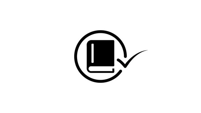 Minimalist book icon animation with check mark symbol representing educational completion or verified reading progress in motion