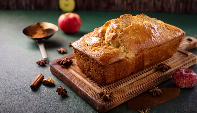 Sweet Homemade Apple Loaf With Golden Crust On Board