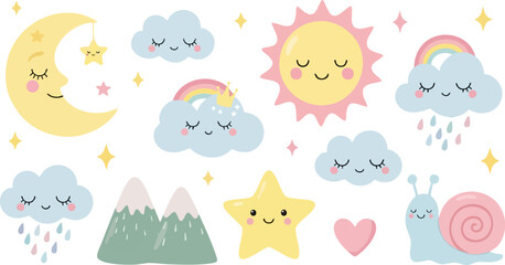 Cute Pastel Baby Nursery Elements Vector Set with Sleeping Moon, Sun, Clouds, Stars, Rainbows, Mountains, Snail, and Heart for Kids Design
