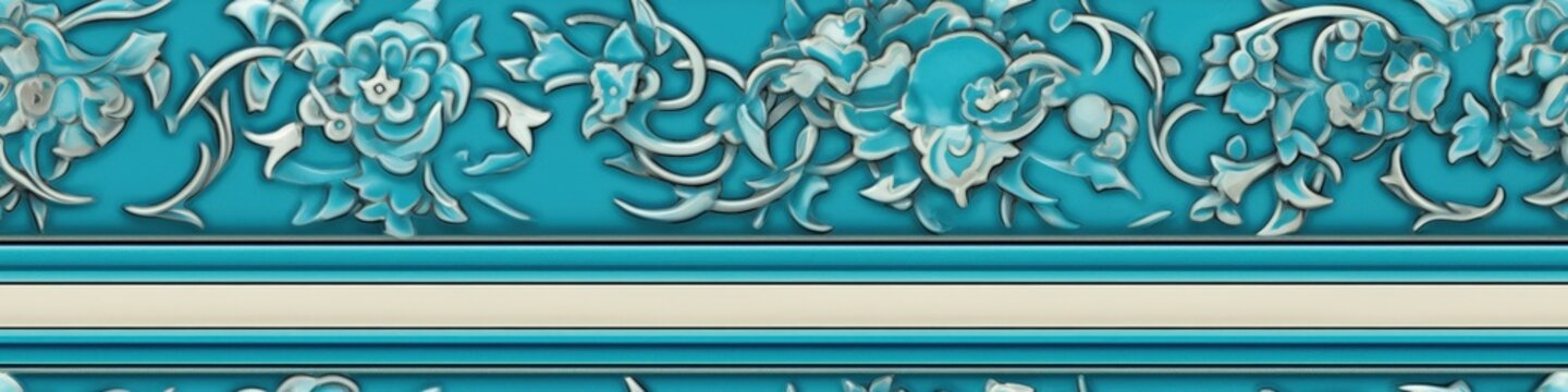 T&uuml;rkisblaue florale Bord&uuml;re mit feinen Reliefmustern, ideal f&uuml;r dekorative Fliesen oder Wandverkleidungen.