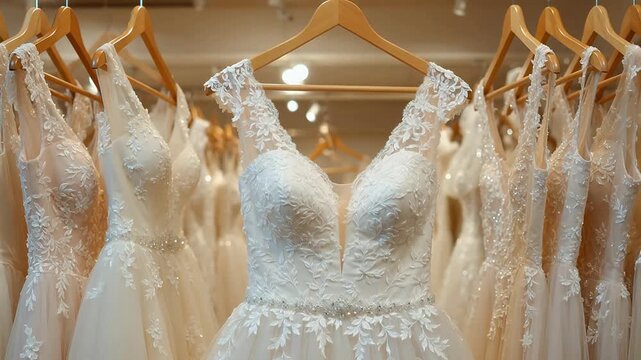 Wedding dresses on display in a boutique