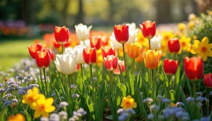 Fototapeta premium Red and white tulips bloom with yellow daffodils on a green lawn. Soft light shines on colorful spring flowers in a garden. Lush green grass surrounds fresh blossoms. Peaceful natural scene.