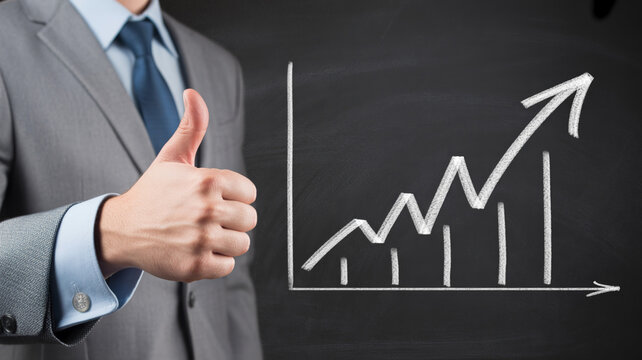 Business professional giving a thumbs up in front of a growth chart.