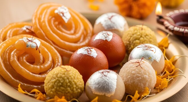 Assortment of traditional Indian sweets Jalebi Gulab Jamun and Laddoo for festive celebrations.