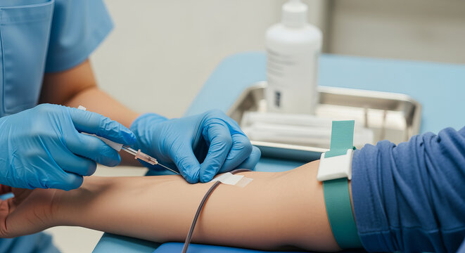 Healthcare worker carefully draws blood for testing with precision in sterile medical environment .