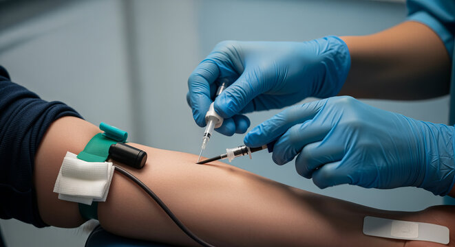 Healthcare worker collecting blood samples using sterile venous puncture techniques in clinic.