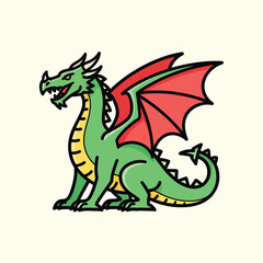 Fototapeta premium A cartoon dragon with green scales, red wings, and yellow accents sits on a cream background. It has a toothy grin, and a stylized tail