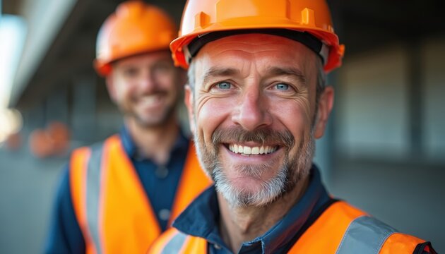 Two construction workers wearing orange helmets and safety vests smile at the camera. One man is in the foreground, the other slightly behind him. They appear happy and friendly, ready for a day work.