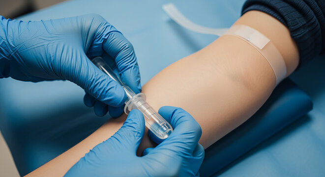 Healthcare Professional Using Syringe for Blood Sampling in Patient s Arm during Routine Check-Up