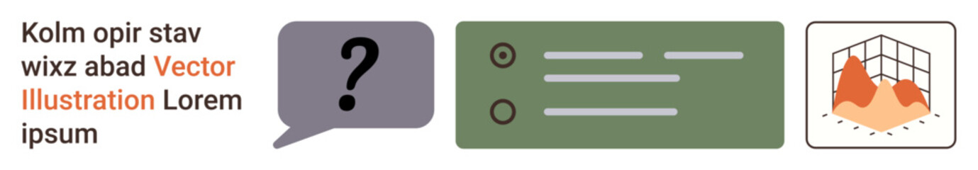 Analytics, communication, data management, information sharing, problem solving, organization. Question mark inside a speech bubble, checklist and a 3D chart. Analytics and communication illustrated © robu_s