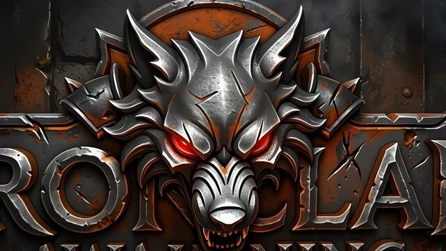 Fierce metallic wolf emblem with glowing red eyes on dark background