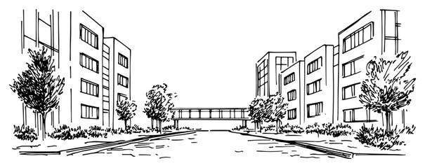 Fototapeta premium Hand drawn sketch of a modern university campus or office complex with a connecting walkway