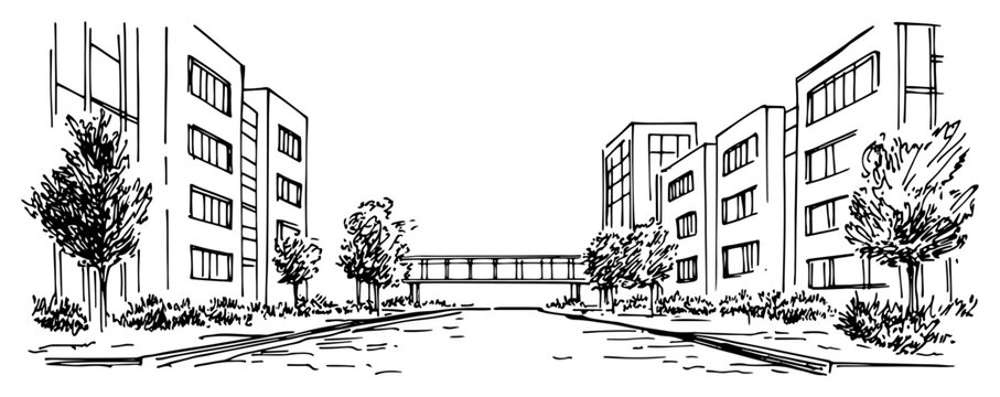 Hand drawn sketch of a modern university campus or office complex with a connecting walkway
