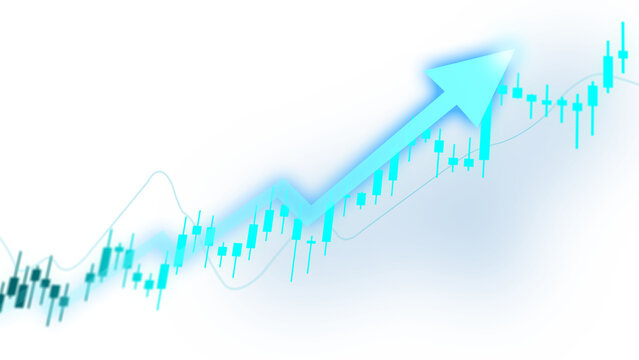 Glowing turquoise financial graph with an upward trend arrow and candlestick chart on a transparent background