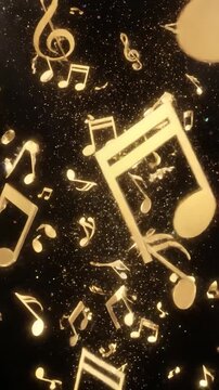 Golden musical notes explode and scatter in a dark background
