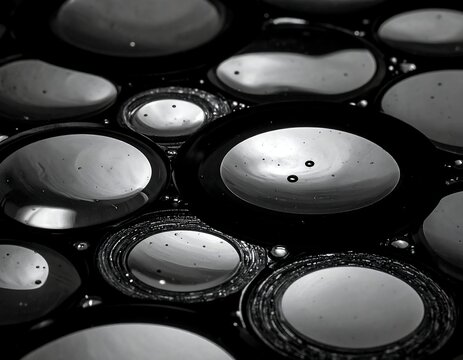 Monochrome close-up showing a multitude of irregular oval shapes reflecting light. The shapes have a dark outline