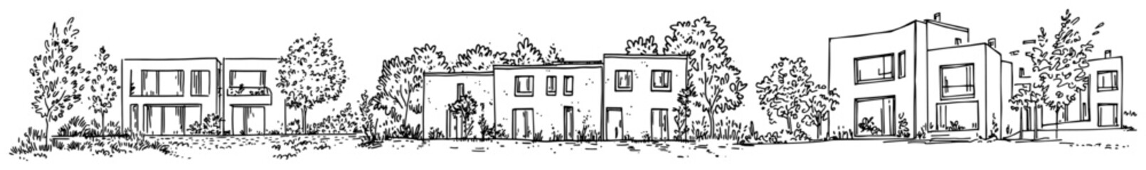 Panorama view of modern townhouse complex in an architectural hand drawn style