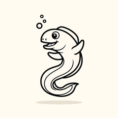 Obraz premium A cartoon drawing of an eel-like fish with a smiling face and bubbles. The style is simplistic with bold outlines, suggesting animation