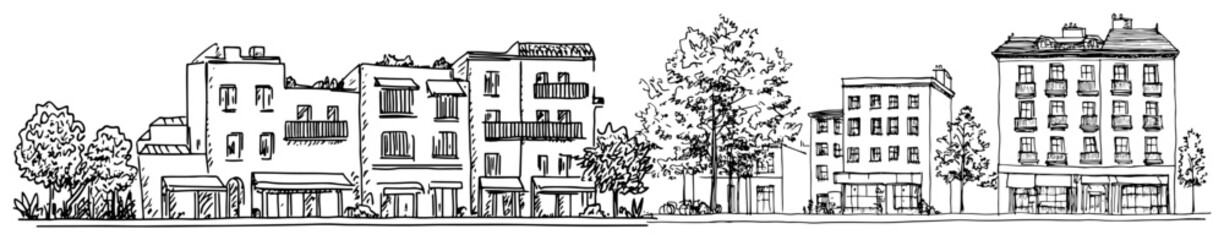 Obraz premium Panoramic hand drawn sketch of a busy city street with mixed use buildings and trees