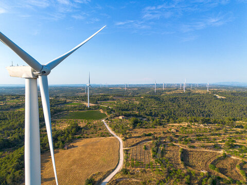 Wind turbine aerial view over Terra Alta Catalonia Spain landscape showing renewable energy sustainability and modern clean power generation