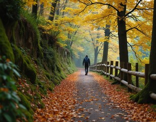 Person walks on autumn forest path covered in orange leaves. Man with backpack strolls beside wooden fence amidst yellow trees. Peaceful hike in colorful fall woodland.