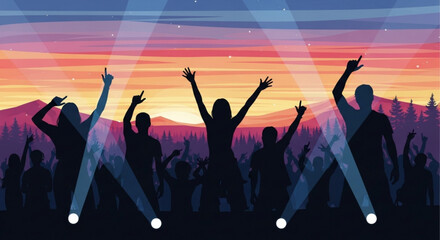 People dancing at outdoor music festival at sunset with colorful sky and spotlights