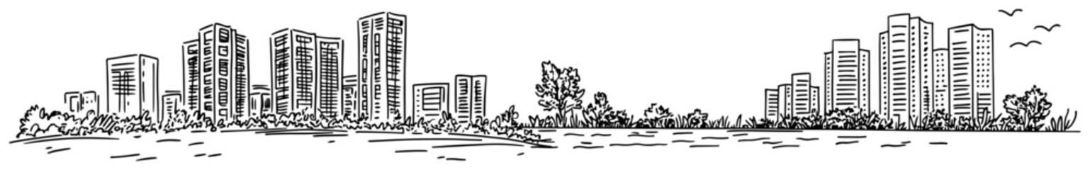 Hand drawn panoramic city skyline sketch with modern office buildings and water front trees © Kaz