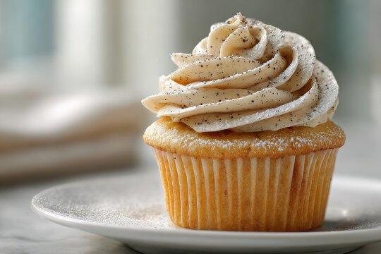 Close-up of a premium vanilla cupcake with smooth frosting and delicate sugar dusting