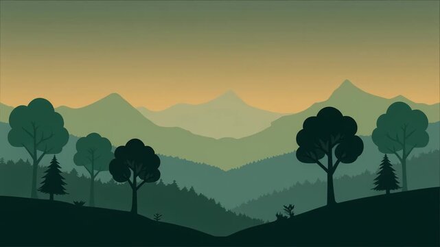 Silhouette trees on rolling hills landscape.