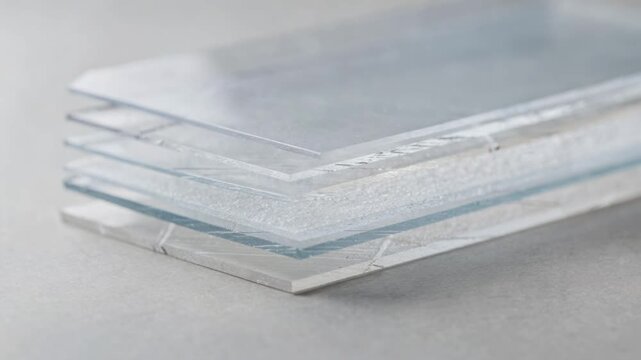 Closeup medium shot of minimal polymer multilayer stacks emphasizing ecofriendly design with reduced plastic use maintaining strong barrier functions for recyclable packaging.