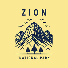 Scenic Mountain Landscape Graphic with Pine Trees and Flying Birds in Natural Wilderness