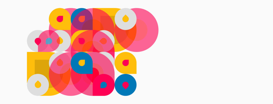 Colorful overlapping circles create abstract composition. Bright hues dominate white background, forming dynamic visual pattern.
