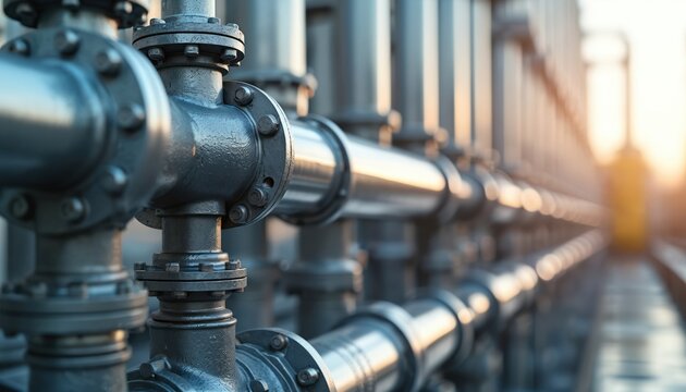 Rows of industrial metal pipes with flanges and bolts. Network of conduits for fluid or gas transport. Modern infrastructure for energy or water supply at sunset.