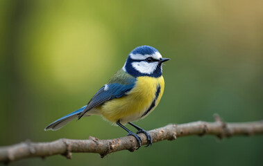 Small blue tit bird sits on a thin tree branch. Its bright yellow chest feathers contrast with blue wings and head markings. The background is soft green blur.