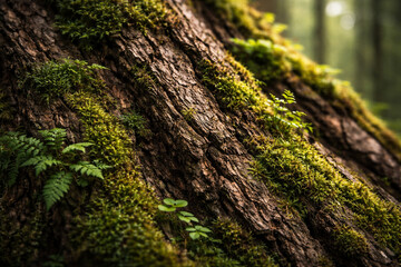 Obraz premium Macro view of tree bark covered with green moss in forest. Natural texture background symbolizing forest ecosystems, biodiversity and environmental protection.
