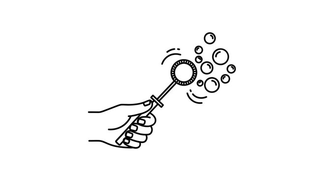 Hand blowing bubbles with wand, line art illustration, isolated on white background