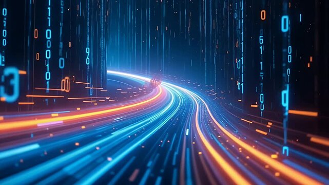 data highway neon trails in futuristic digital cityscape