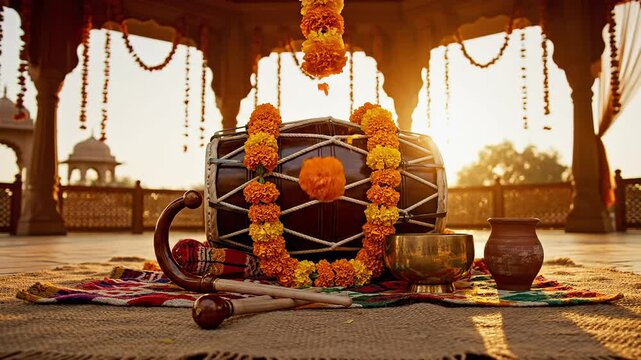 Decorated dhol drum adorned with vibrant marigold garlands, symbolizing vaisakhi festival celebration and traditional indian culture in an outdoor temple setting.