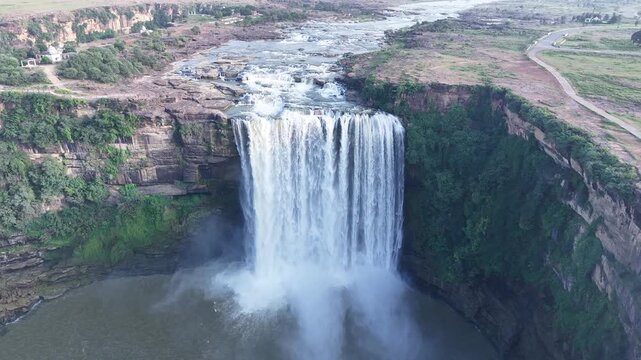 Aerial Slow Motion View of Chachai Waterfall in Rewa Madhya Pradesh India