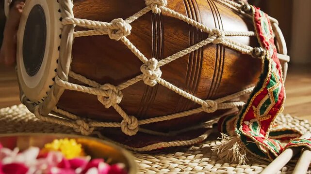 Ornate indian dhol drum decorated for vaisakhi festival celebrations, resting on a woven mat with colorful petals.