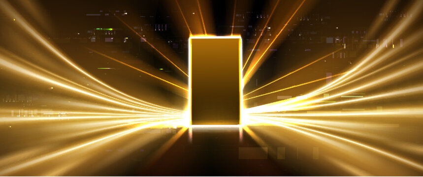 Futuristic digital open door or portal, glowing neon cyberspace. Abstract vector background with dynamic data streams and glich effect, 3d tech gate entrance illuminated by golden light