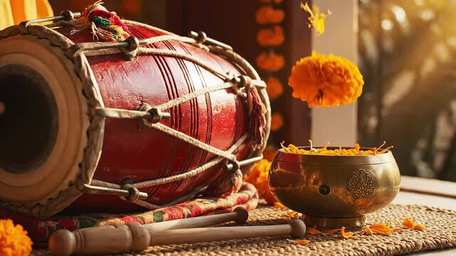 Traditional dhol drum decorated with vibrant marigold flowers and festive elements for a vaisakhi festival celebration.