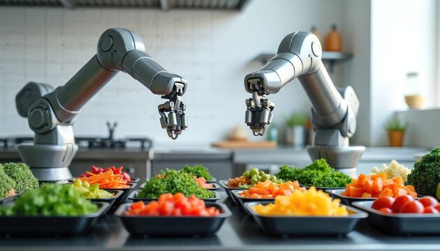 Automated kitchen uses robotic arms to prep fresh food ingredients. Futuristic meal assembly with precision tech in a modern clean kitchen lab.