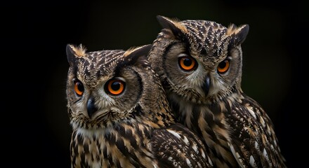 Obraz premium Pair of Beautiful Owls with Bright Orange Eyes Perched in Darkness