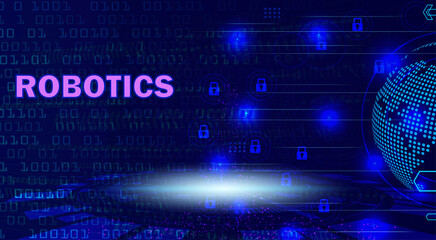Robotics technology background with digital network globe and binary code for AI system presentation