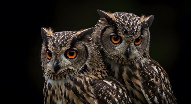 Pair of Beautiful Owls with Bright Orange Eyes Perched in Darkness