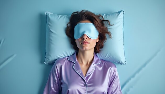 Young woman rests in bed wearing sleep mask and silk pajamas. Peaceful slumber on blue pillow and sheet. Female enjoys deep sleep indoors, bedroom setting.